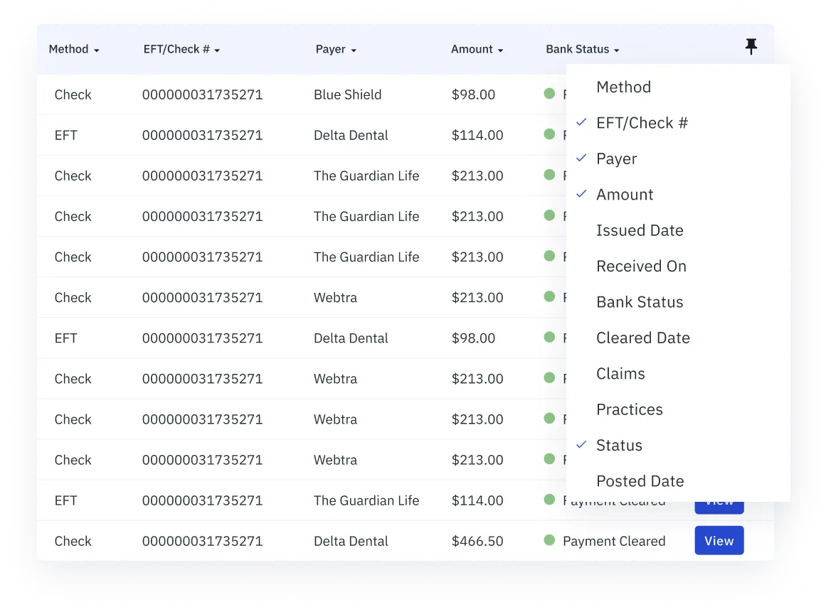 Remit AI payment table with configurable columns